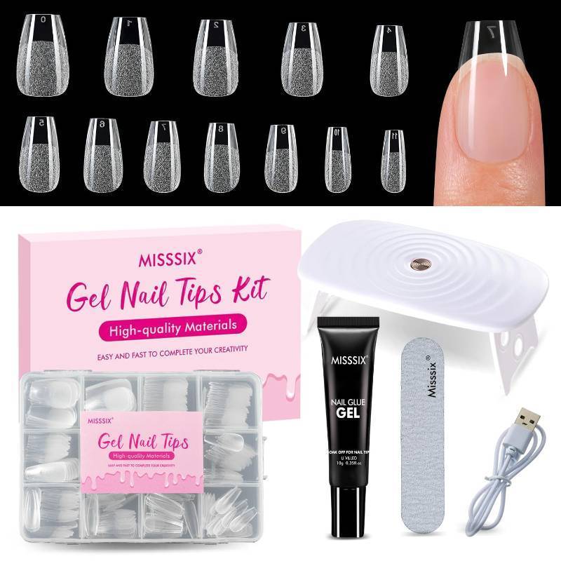 lot 16449 image: Misssix Short Coffin Gel x Nail Tips Kit, 216Pcs Pre Etched Clear Fake Nails, Full Cover False Nail 9-in-1 Gel Glue and Portable Mini U V Nail Lamp for Women 12 Sizes
