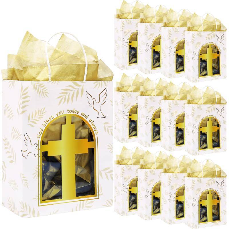 lot 16450 image: Sinload 16 Pcs First Communion Gift Bags Religious Gift Bags Bulk with Gold Cross Baptism Confirmation Paper with Window and Tissue Paper for Catholic Christen Religious Occasion