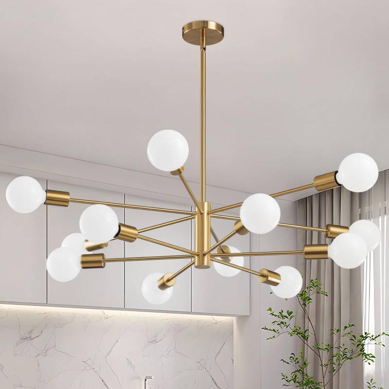 lot 9487 image: RUIYEY Modern Sputnik Chandeliers Light, 12-Light Gold Gold Dining Room Chandelier Over Table, Height Adjustable Industrial Semi Flush Mount Mid Century Chandelier for Kitchen Island Living Room