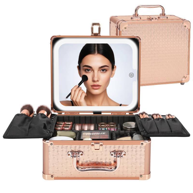 lot 17614 image: Relavel Makeup Bag with LED Mirror, Makeup Box Travel Train Case with Rechargeable Lighted Mirror, Cosmetic Brush Organizer Storage for Makeup Artists Gifts for Women and Girls, Rose Gold