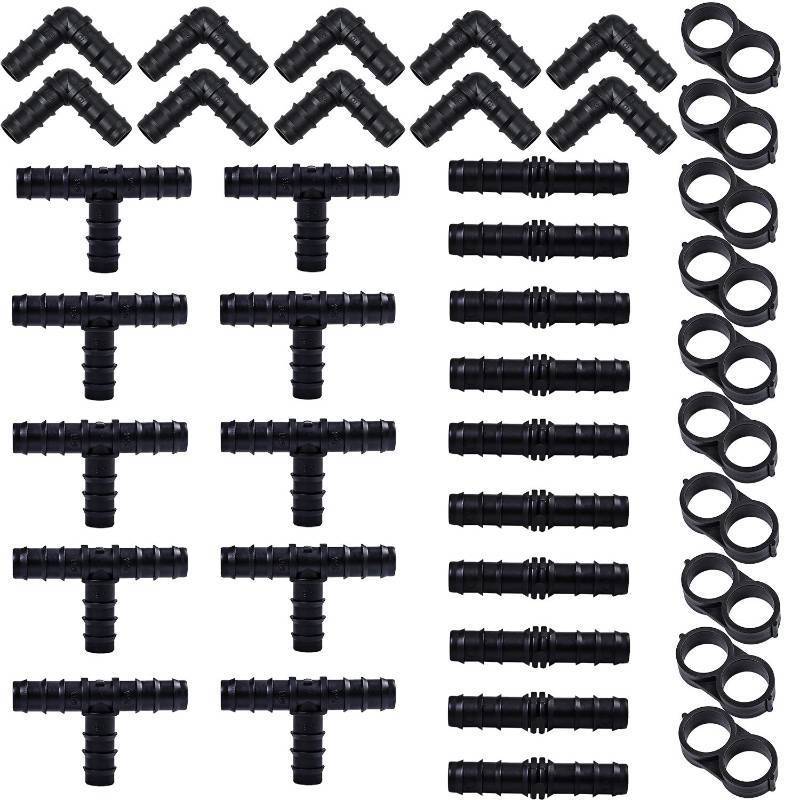 lot 16457 image: URATOT 40 Pieces Drip Irrigation Fittings Kit 12 Tubing Set, 10 Tees, 10 Couplings, 10 Elbows and 10 End Cap Plugs Drip Irrigation Barbed Connectors for Drip Sprinkler Systems