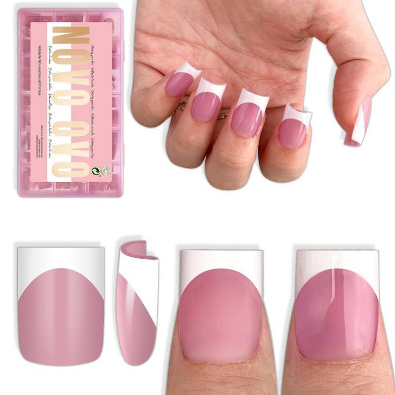 lot 18406 image: NOVO OVO Short Sharp Square White French Tip Nail Tips Press on BERRY PINK, Need Builder Gel Top Coat Nail Glue,Soft Gel Fake Nail Extension, Full Cover False Nails for Salon DIY x15 Sizes 240 pcs