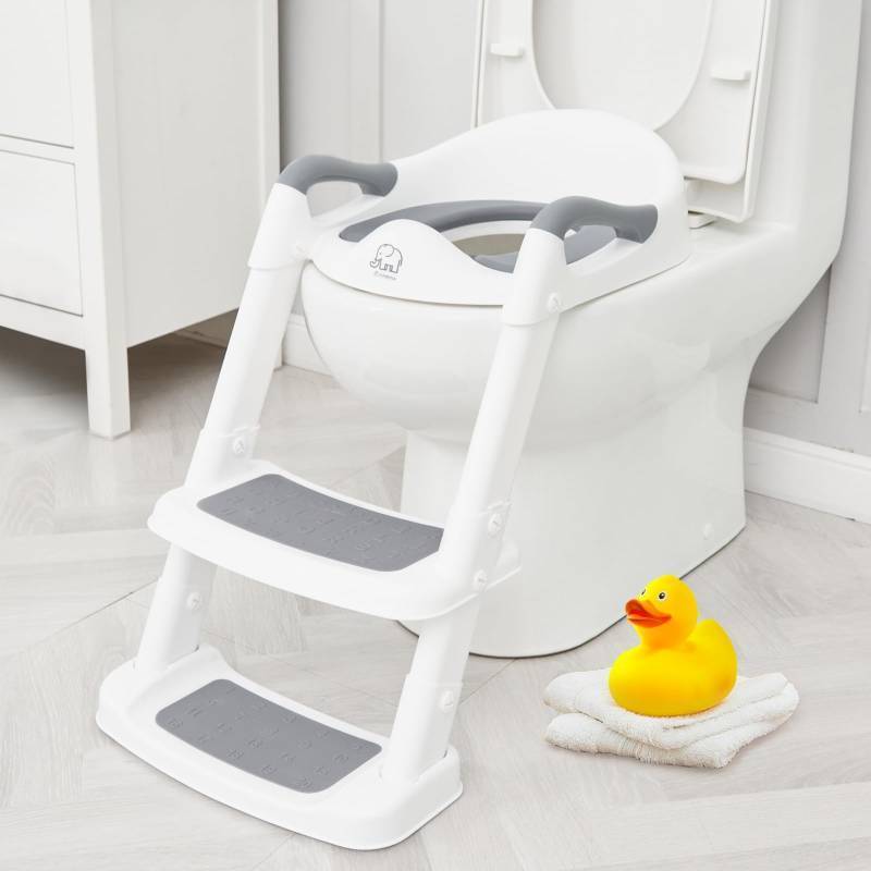 lot 15923 image: Forbena Potty Training Toilet Seat with Step Stool Ladder, Toddler Kids Potty Seat for Boys Girls, Non Slip Foldable Toilet Training Seat with Soft Cushion, Comfortable Handles (White-Grey)