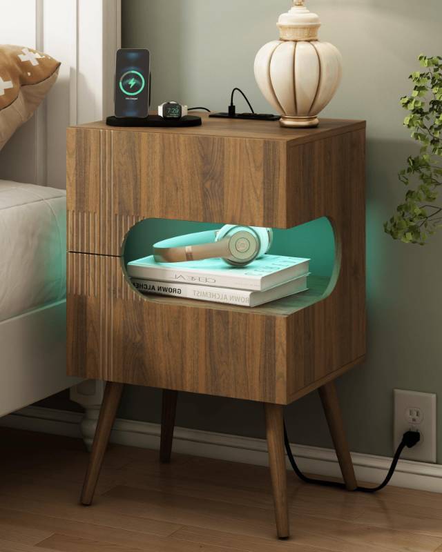 lot 15924 image: JOONEE Nightstand with Charging Station and LED Lights,Modern Bedside Table with 2 Storage Drawer,Night Stand with Solid Wood Legs,White (Walnut Brown)