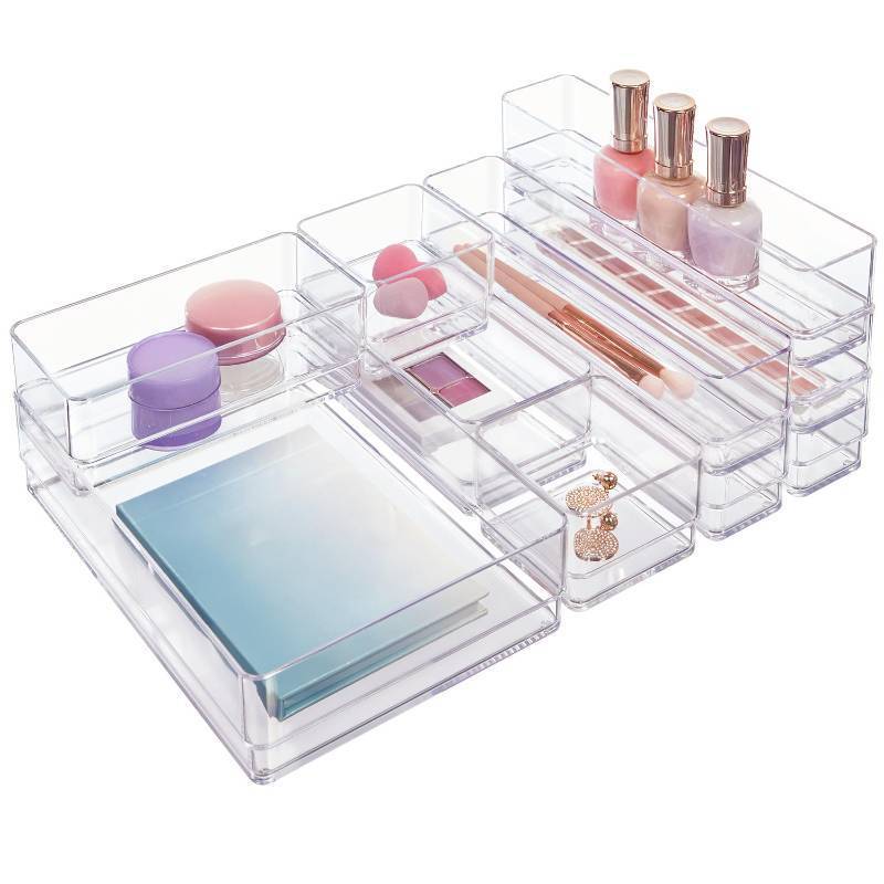 lot 15926 image: STORi SimpleSort 10-Piece Stackable Clear Drawer Organizer Set  Multi-size Trays  Makeup Vanity Storage Bins and Office Desk Drawer Dividers  Made in USA