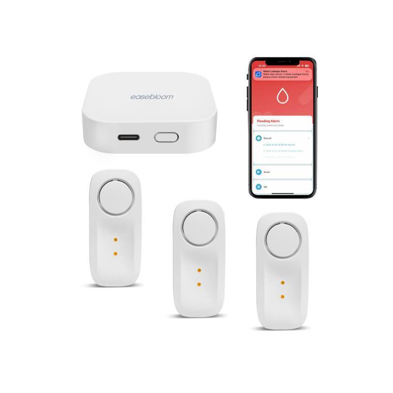 lot 18409 image: Easebloom Ultra-Long Range Water Leak Detectors (3-Pack), 2000ft600m Ultra-Long Range Water Alarm & Leak Detector, 110dB Siren & Instant App Alerts, Suitable for Home, Basement, Kitchen