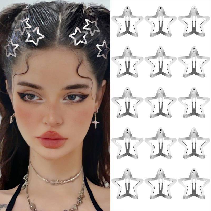 lot 18413 image: Star Hair Clips 2000s Y2K Snap Hair Barrettes Non Slip Star Hair Accessories Silver Metal Hair Clips for Girls Women -15 PCS 1.57