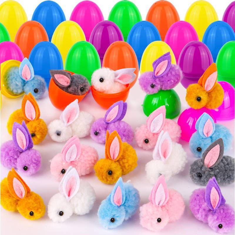 lot 15932 image: Envotek 36 Pack Easter Eggs Fillers with Bunny Plush, Easter Basket Stuffers with Toys Inside Filled Mini Stuffed Animals Easter Eggs Hunts Party Favors Surprise Toys for Kids Toddlers Boys Girls