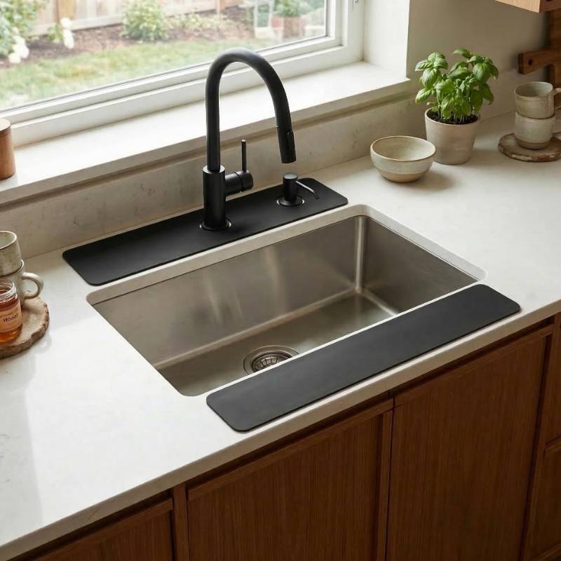 lot 2449 image: 2PCS Customizable Faucet Mat for Kitchen Sink 30L x 5.5W Quick Drying Kitchen Sink Mat & Bathroom Counter Protector - Cut to Fit with 2 or 3 Hole Faucet Design - Extra Long Absorbent Splash Guard