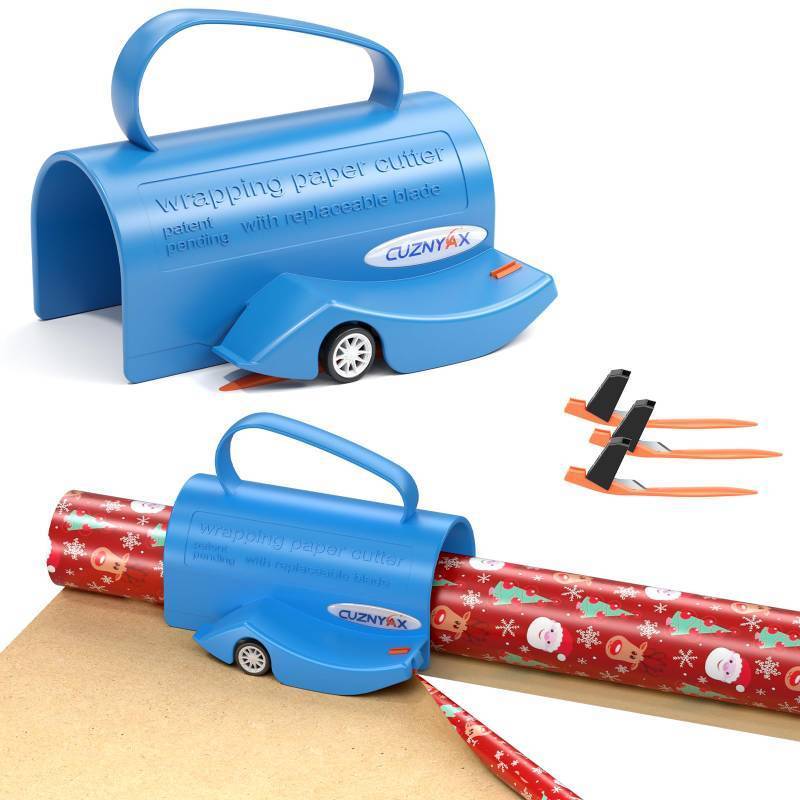 lot 18417 image: Wrapping Paper Cutter with Handle Gift Wrap Cutter for Christmas Paper Rolls, 3 Replaceable Blades for Smooth & Straight Cuts, Easy Paper Cutting Tool for Holidays