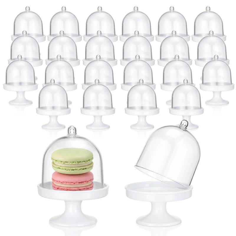 lot 18418 image: Acellegic 24 Pack 3.15 x 1.97 Inch Mini Cake Stand with Lids Dessert Domes Chocolate Candy Cupcake Containers Plastic Dessert Display Plate for Birthday, Easter, Wedding, and Tea Party Supplies