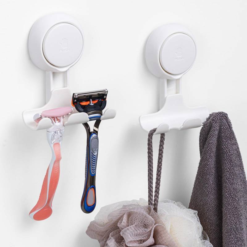 lot 10190 image: LEVERLOC Razor Holder for Shower 2 Pack, Powerful Suction Cup Shower Hooks for Towel, Loofah, Razor, Squeegee, Damage-Free Wall Hooks, Shaver Holder for Bathroom, Easy to Install and Reuse, White