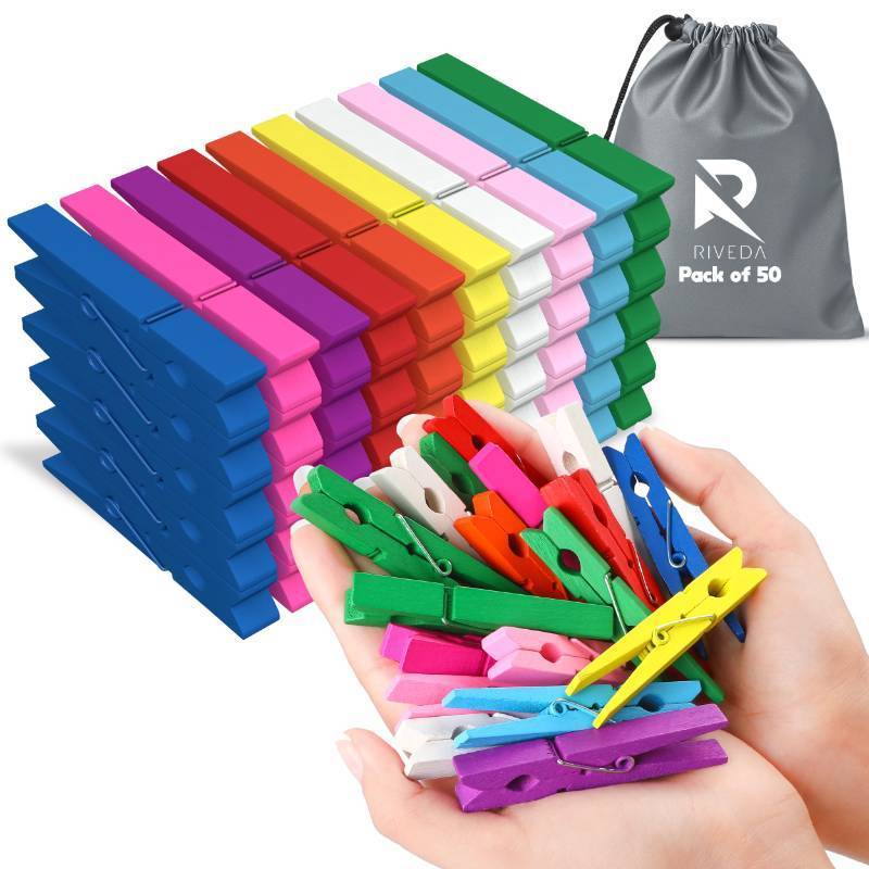 lot 16486 image: RIVEDA 50pcs Colored Wooden Clothes Pins, 2.9inch 10 Colors, Clothespins for Classroom, Clip Hanging Photos, DIY Clips for Crafts, Decorations