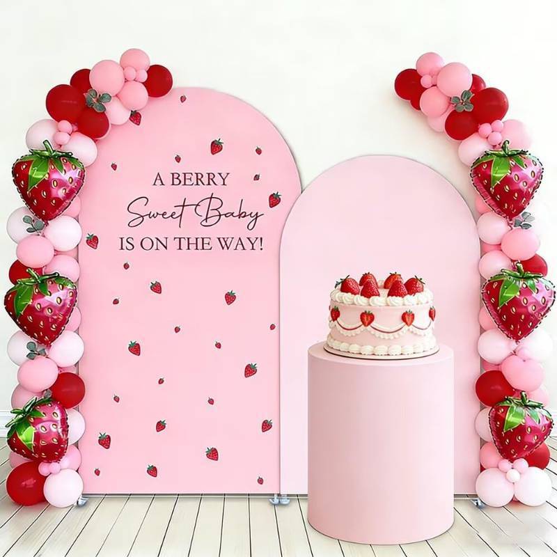 lot 16490 image: agogos 2 Pcs Strawberry Theme Arch Backdrop Covers,Set of 2(7.2FT6FT) Pink Stretchy Spandex Arch Fabric Cover for Girls Birthday Baby Shower Party Decoration