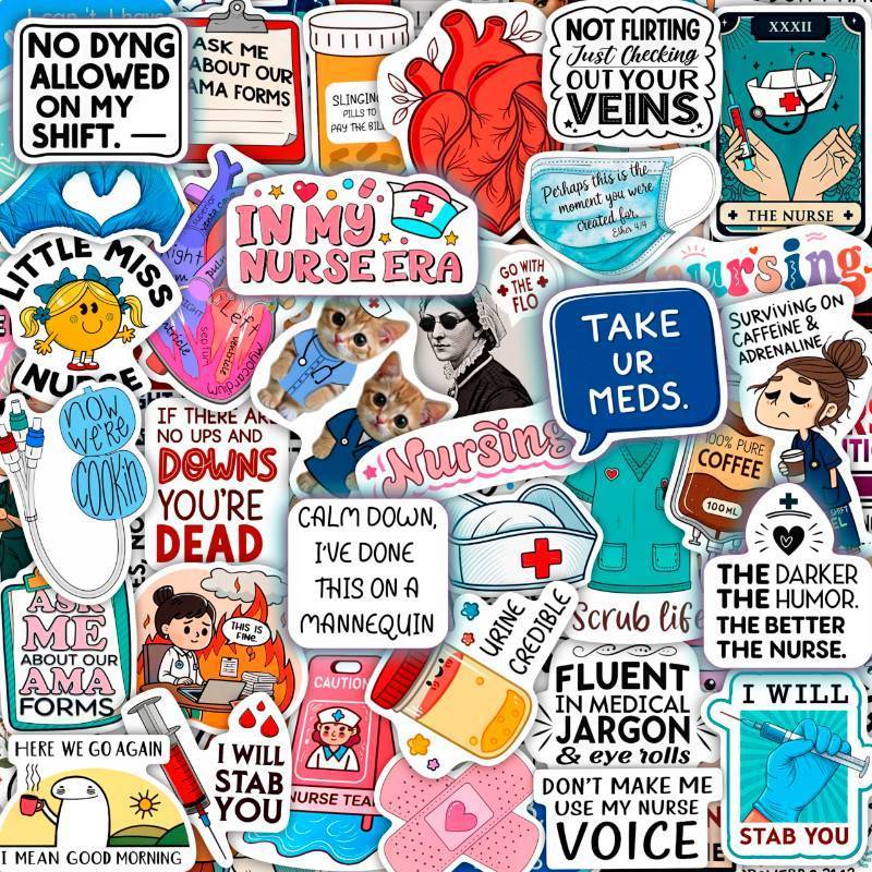 lot 18439 image: 100Pcs Funny Nurse Stickers for Water Bottle, Laptop - Nurse Appreciation Gifts, RN Party Supplies - Nursing Week, Healthcare Medical Hospital Stickers