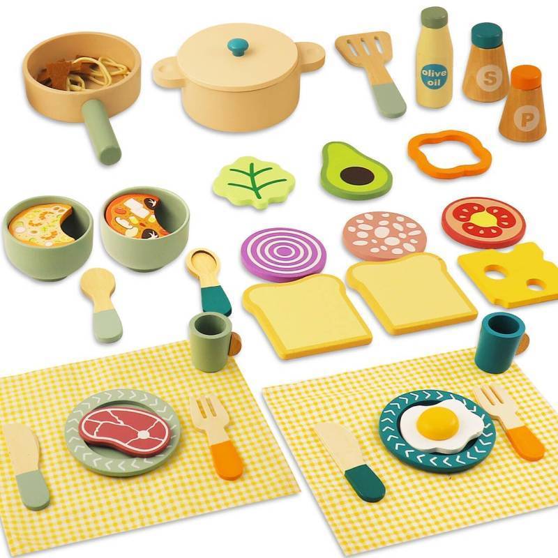 lot 10197 image: Wooden Pot and Pan for Play Kitchen, Wooden Kids Play Kitchen Accessories, Pretend Play Toys, Kids Pots and Pans Playset, Kitchen Playset Accessories