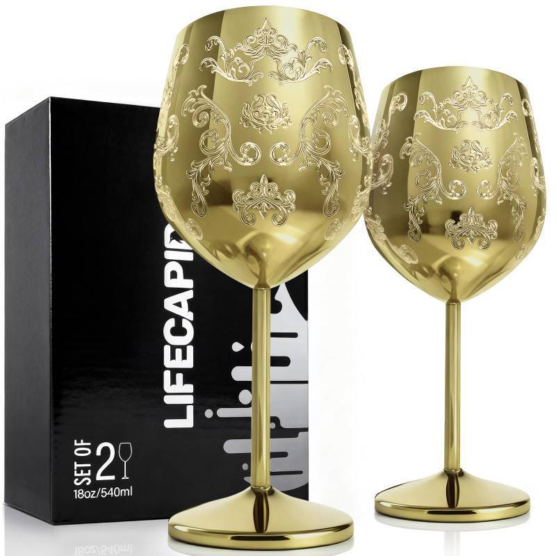 lot 9501 image: Lifecapido Stainless Steel Wine Glasses Set of 2, 18oz Etched Gold Wine Goblets, Unique Wine Glasses with Intricate Baroque Engravings for Party Wedding Anniversary
