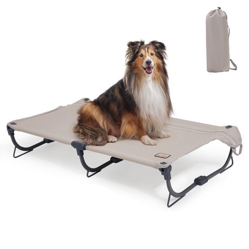 lot 9502 image: CANINE CANYON Daisy Cot, Medium Foldable Elevated Dog Bed, Portable Raised Outdoor Folding Dog Cot, Cooling, Chew Proof, Waterproof, Heavy Duty Up to 160 lbs for CampingHome, Brown, 32x 19x6