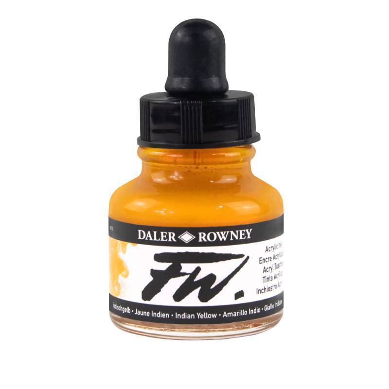 lot 18020 image: Daler Rowney FW Acrylic Ink Bottle Indian Yellow - Versatile Acrylic Drawing Ink for Artists and Students - Permanent Calligraphy Ink - Archival Ink for Illustrating and More