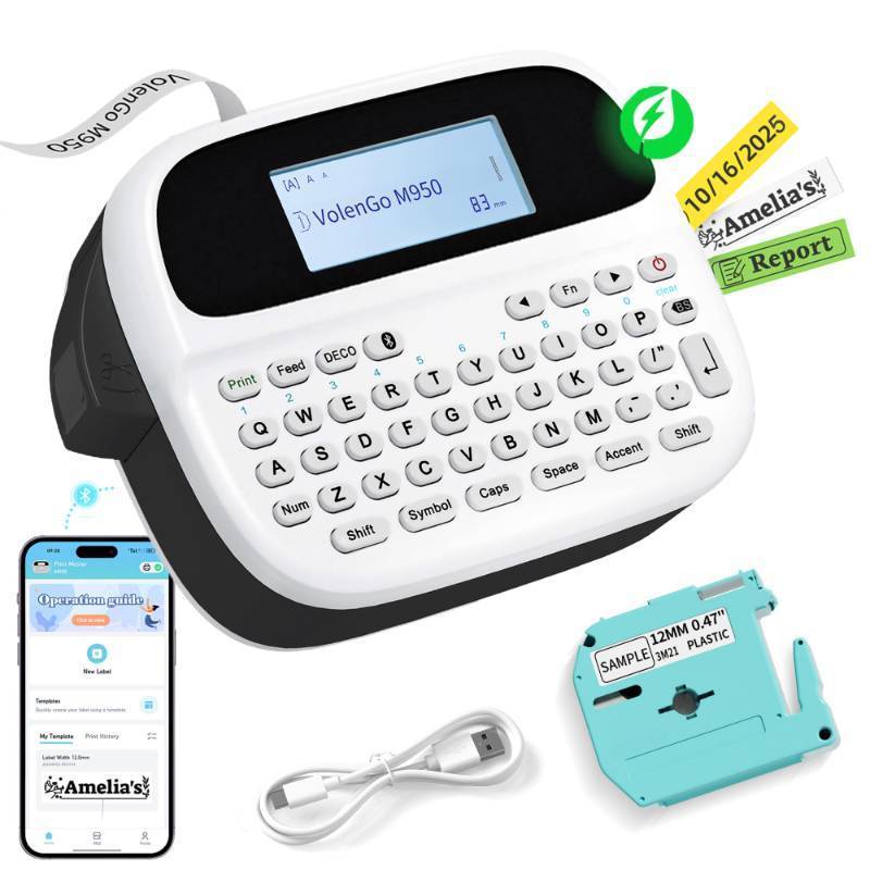 lot 18024 image: VolenGo Label Maker Machine with-Tape, Rechargeable Label Maker Waterproof-Labels, Backlit Bluetooth Labeler, M950 12mm Portable Labeling Maker for Home Organization Office School Teacher Supplies