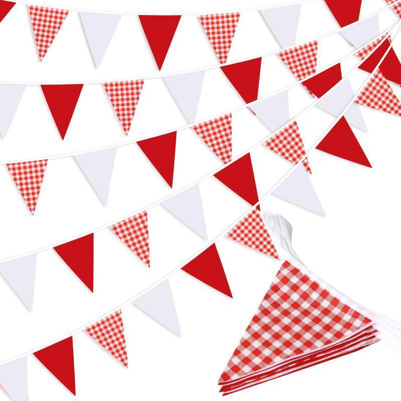 lot 18025 image: Red Plaid Checkered White Pennant Banner Flag Triangle Bunting Garland Decorations for Wedding Birthday Carnival Christmas Outdoor Home Festivals 33Feet 30 Pcs