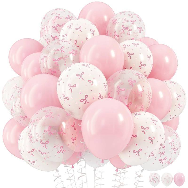lot 18031 image: HILAVO Pink Bow Balloons, 12 Inch Pastel Light Pink Transparent White Bow Print Coquette Balloon for Girls Women Birthday Bachelorette Party Bridal Baby Shower Wedding Anniversary Decorations Supplies