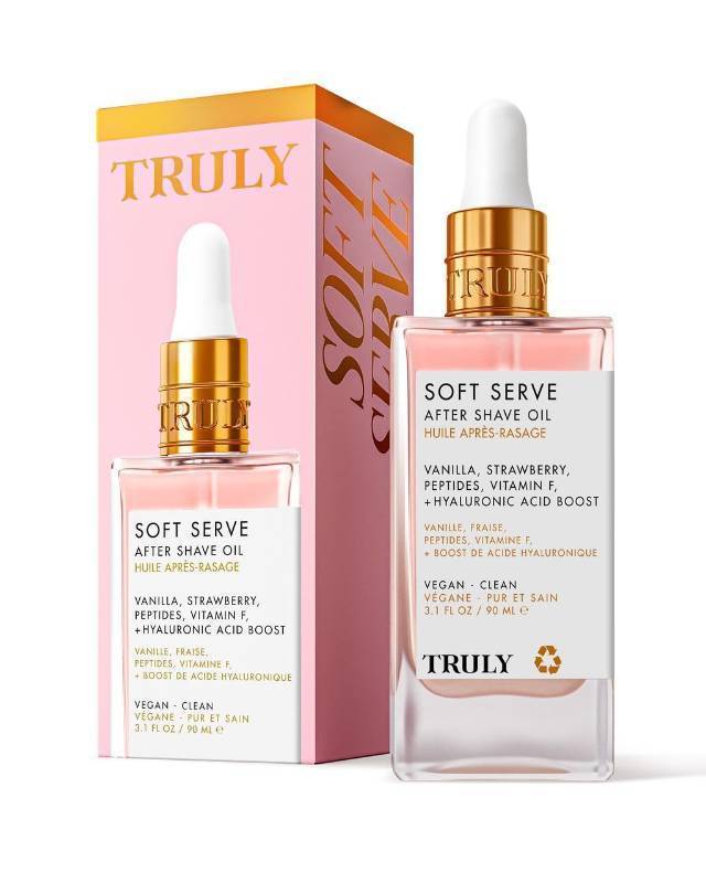 lot 4262 image: Truly Beauty Soft Serve After Shave Oil  Hydrating Treatment for Ingrowns & Irritation  Peptides, Hyaluronic Acid & Strawberry Extract  Soothes & Smooths Skin  Strawberry Vanilla Scent (3.1 Fl Oz)