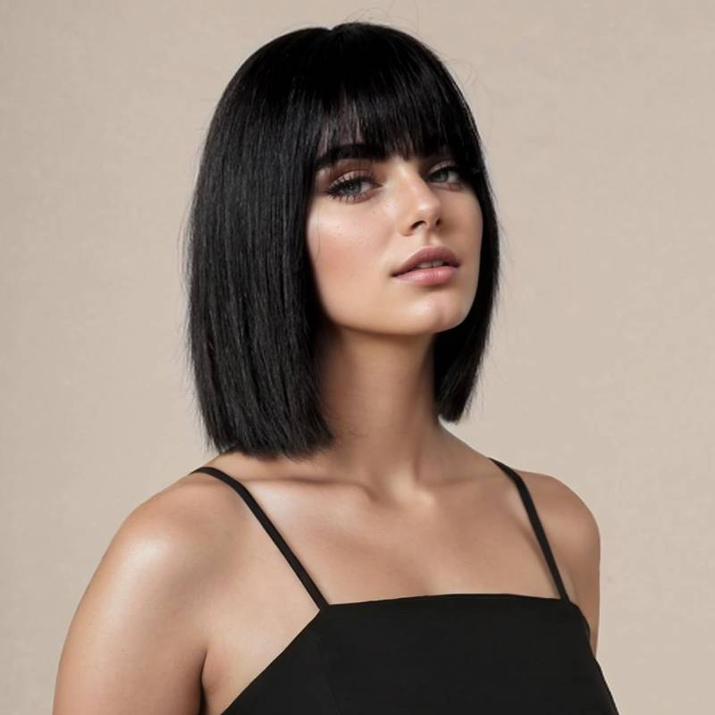 lot 14130 image: SUKRI Short Black Straight Wig with Bangs Black Wigs for Women Bob Shoulder Length Wigs Heat Resistant Fiber Synthetic Hair Wigs Hair Replacement Natural Looking(12INCH)
