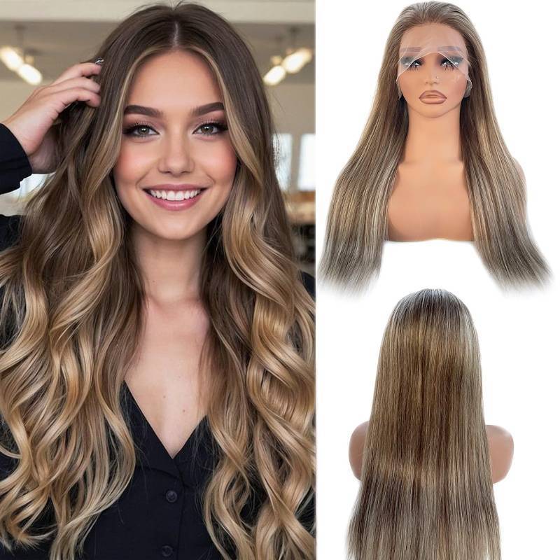 lot 14137 image: Chocolate Brown with Ash Blonde Highlight Lace Front Wig Human Hair, 13x4 HD Lace Frontal Real Human Hair Wig for White Women Pre Plucked Straight 180% Density Brazilian Remy Glueless Wigs 16 Inch