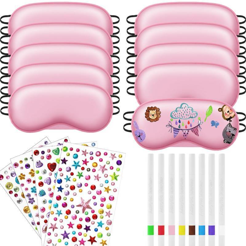 lot 12080 image: 27 Pcs Sleepover Party Supplies, 15 Pcs Pink DIY Sleep Eye Masks with 4 Sheets Acrylic Rhinestone Stickers and 8 Fabric Marker Pens, Soft Blindfolds for Slumber Party Arts and Crafts (Pink) (Missing Pieces)
