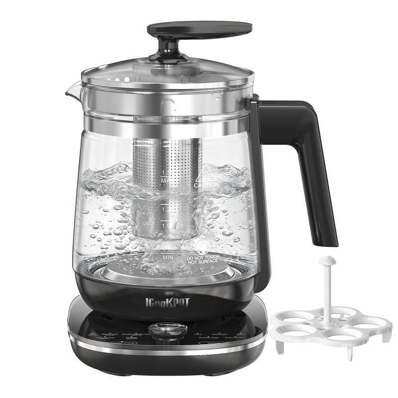 lot 13842 image: ICOOKPOT 1200w Electric Kettle, 1.5L Borosilicate Glass tea kettle, Hot water kettle electric for Coffee or Tea, BPA Free, Auto Shut-Off, Stainless Steel, Fast Boil, Black