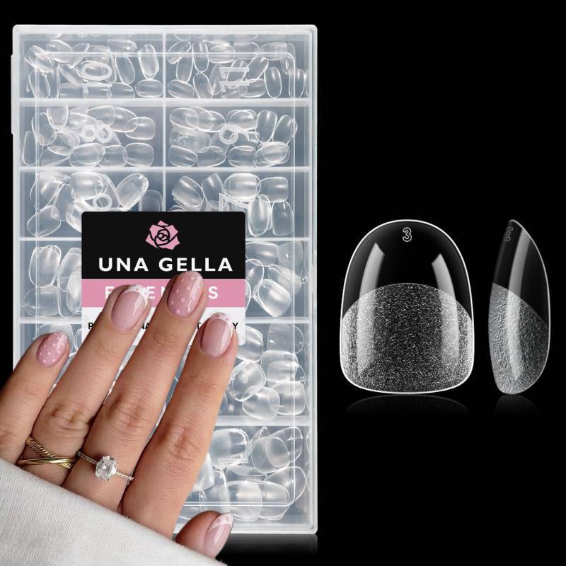 lot 14147 image: UNA GELLA Extra Short Oval Nail Tips, Pre-Etched Round Clear Fake Nails 216pcs Soft Gel Acrylic Nail Tips Full Cover False Ultra Short Gel Nail Tip for Beginners Nail Salon Extensions 12 Sizes