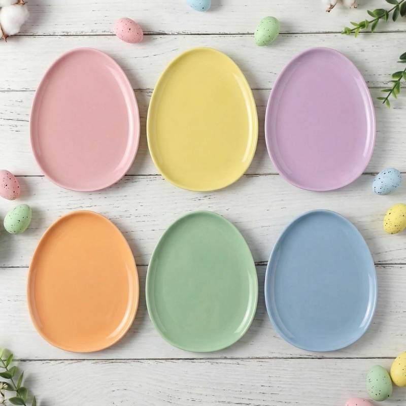 lot 19927 image: Jinei 6 Pcs Easter Pastel Ceramic Dessert Plates 7.8inch Easter Egg Shaped Ceramic Serving Candy Dishes Eggs Dinner Tray Salad Plates Dinnerware for Spring Garden Tea Party Supplies(Multicolor) (5 ONLY)
