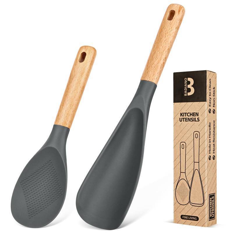 lot 14151 image: Cooking Spoon and Rice Scooper for Nonstick Cookwares, Great for Cooking and Serving Sturdy BPA-Free Matte Silicone, Wood Handle Spoon for Mixing, Scoop, and Scrape (GREY)