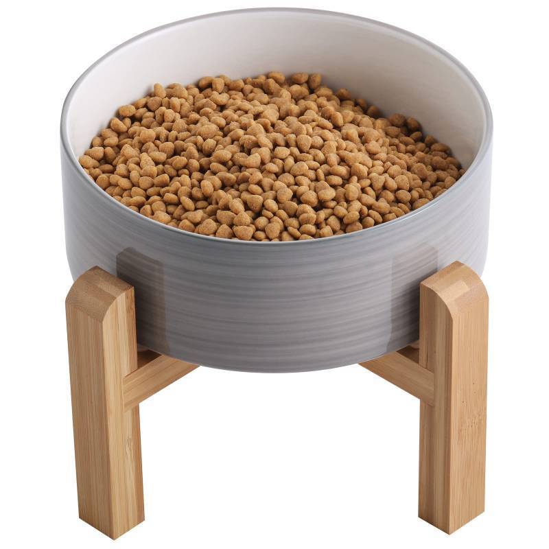 lot 19934 image: Addogyy ElevatedRaised Dog Bowl Ceramic with Wood Stand for Medium Large Breed,Dog Food Water Dish Heavy Weighted,8 in Non Slip Modern Cute Porcelain Pet Bowl Extra Large Grey White