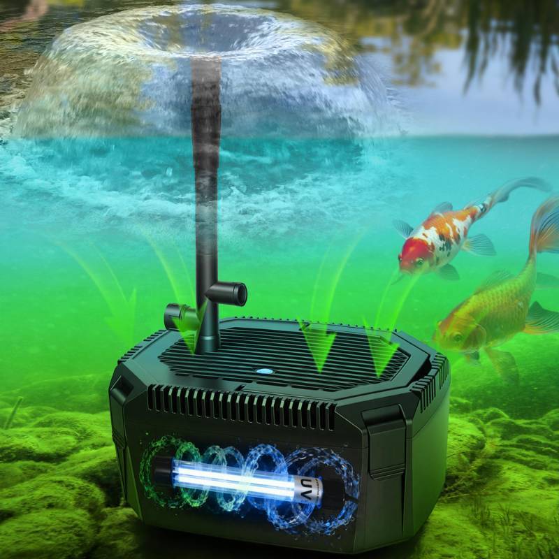 lot 11024 image: Pond Filter Fountain Kit with Powerful 18W UV Light for Koi Pond Algae Control, 660 GPH 42W High-Performance Pump Build in for 1500 Gallon Pond, 3 Water Patterns Decoration for Your Pond Landscape (Used)
