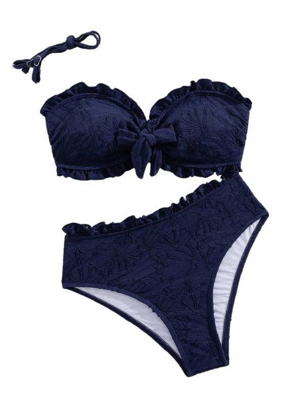 lot 20348 image: SHENHE Womens High Waisted Strapless Bikini Two Piece Textured Ruffle Bandeau Swimsuits Dark Blue Small