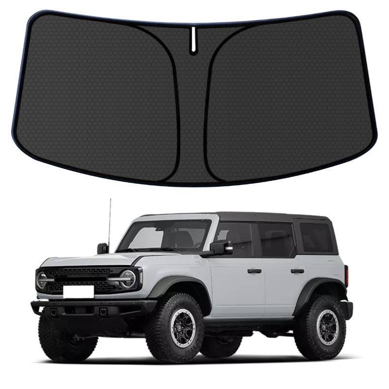 lot 20362 image: Bronco Customized Windshield Sun Shade for 2021-2025 2026 Bronco 24Door (Not for Bronco Sport) Front Window Sunshade Visor Protector Foldable Blocks UV Rays Keep Car Cooler Accessories