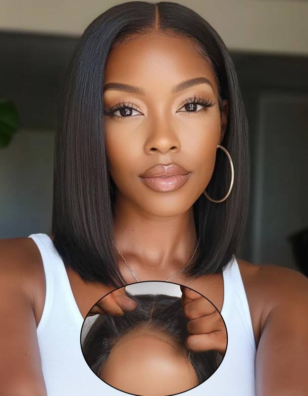 lot 20363 image: WEQUEEN Wear and Go Glueless Bob Wig Human Hair Pre Plucked Pre Cut 4x4 Skin-like Lace 250% Density Straight Short Bob Wig for Black Women 10 Inch
