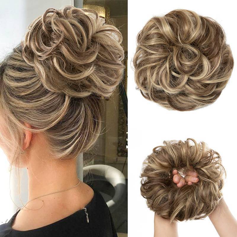 lot 20372 image: CJL HAIR Large Messy Bun Hair Piece Wavy Curly Scrunchies Synthetic Chignon Ponytail Hair Extensions Thick Updo Hairpieces for Women BrunetteAsh Blonde