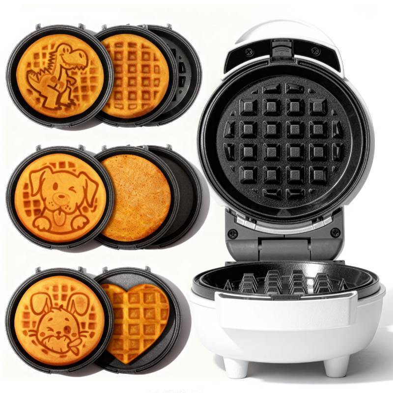 lot 19946 image: SugarWhisk 6-in-1 Mini Waffle Maker With Removable Plates, 4.5 Mini Waffle Iron for Holidays, Parties & Events Waffle Maker Machine, 8 Plates with Premium Ceramic Coating, White
