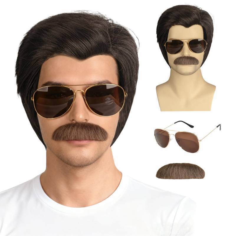 lot 12114 image: FATMAUI 70s 80s Retro Short Brown Mens Mustache and Sunglasses Accessories Halloween Party Wig