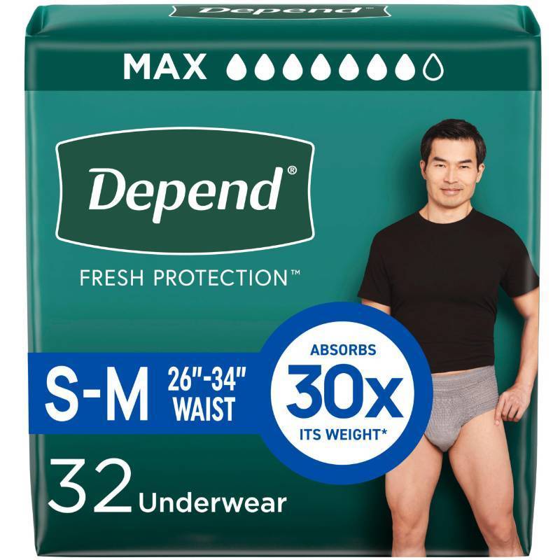 lot 19949 image: Depend Fresh Protection Adult Diapers, Incontinence Underwear for Men, Disposable, Maximum, SmallMedium, Grey, 32 Count, Packaging May Vary