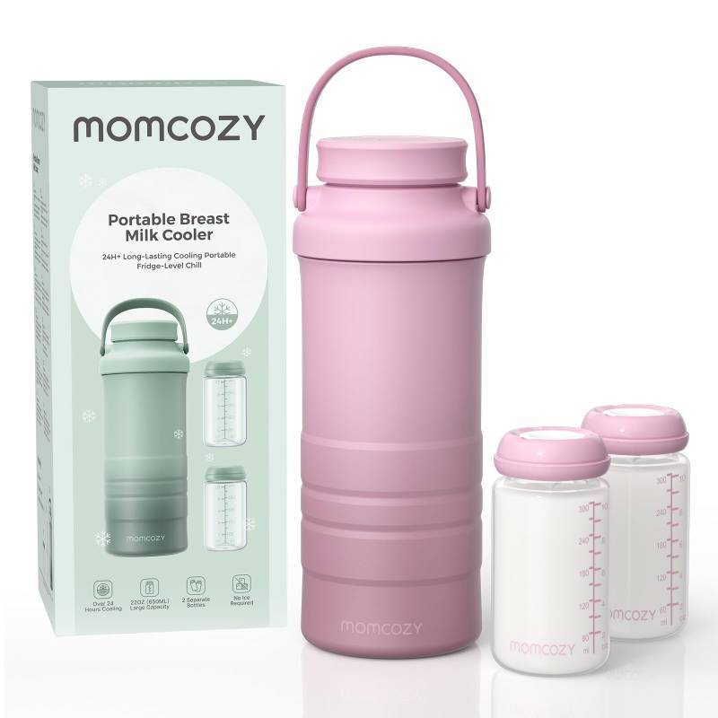 lot 13849 image: Momcozy 22oz Portable Breast Milk Cooler for Outdoor, Life Saver with 360° Total Cooling for 24 Hours, Larger Capacity Travel Breastmilk Chiller with 2pcs Baby Bottles for Breastmilk Storage, Pink