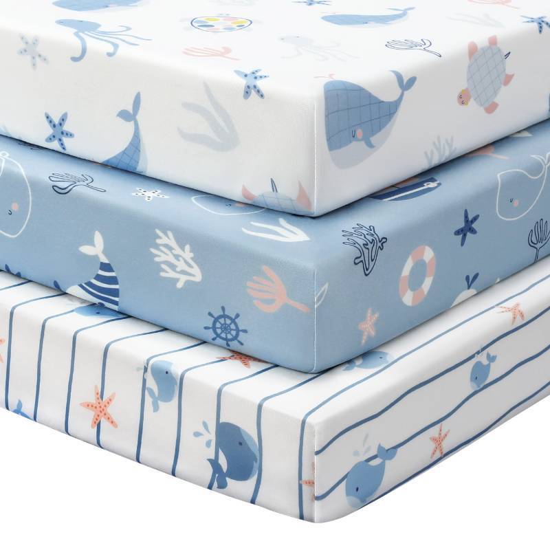 lot 12120 image: FIEMOL Baby Crib Sheets for Boys and Girls, 3 Pack Toddler Bed Sheets for 52x28 Standard Toddler Mattresses, Soft Microfiber Fitted Crib Sheets Neutral Blue Ocean Whale
