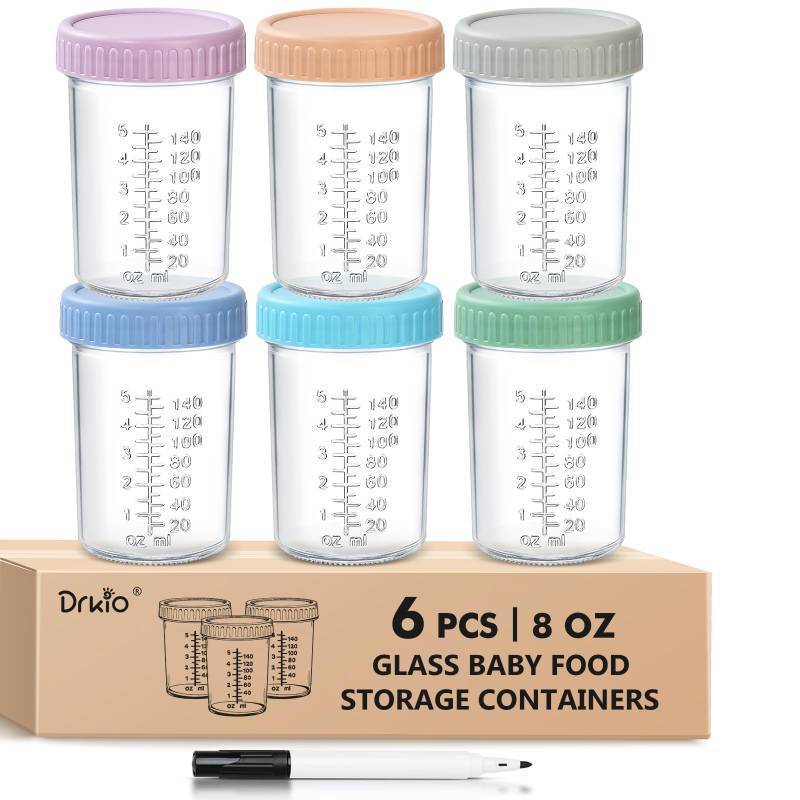lot 19953 image: DRKIO 6 Pack Glass Baby Food Storage Containers - 8 Oz Baby Food Jars with Lids Baby Food Maker Microwave Dishwasher Freezer Safe 100% Leak Proof BPA Free Reusable