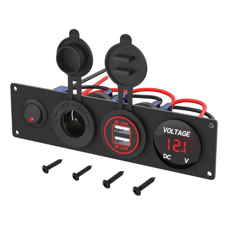 lot 14171 image: RVMARINEPAT 4 in 1 12V USB Panel with LED Voltmete & Dual USB Charger Socket Power & Cigarette Lighter Socket & Red LED Lighted Toggle Switch Panel for Boat Car RV Golf Cart ATV