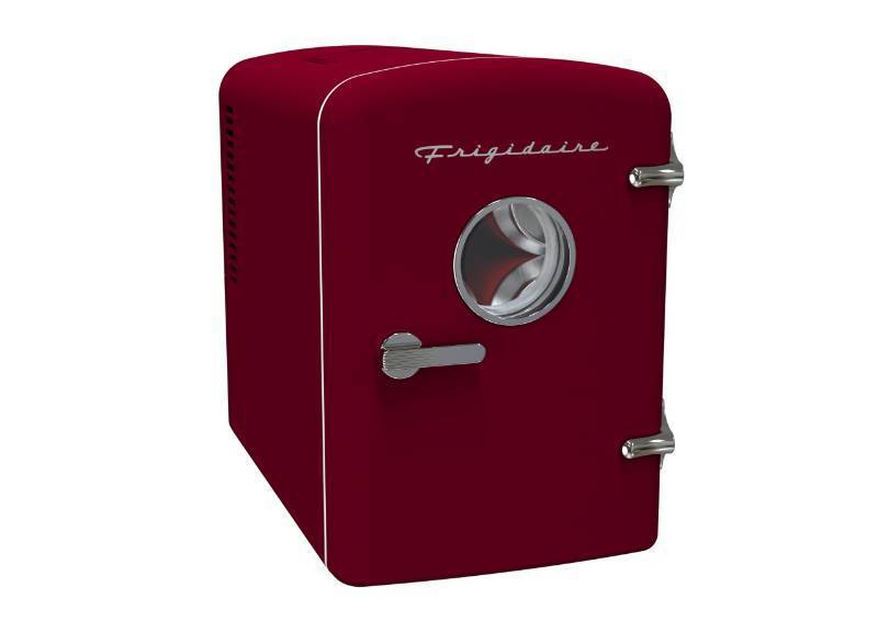 lot 19956 image: Frigidaire Retro 9-Can Mini Personal Fridge Portable Cooler for Car, Office, Bedroom, Dorm Room, or Cabin, 11.8 D x 7.1 W x 10.1 H, Red