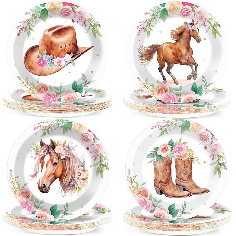 lot 20380 image: CHUNNIN 48 PCS Horse Birthday Party Paper Plates Pink Floral Western Horse Birthday Party Decorations for Girls Disposable Dessert Plates for Baby Shower Bachelor Decorations