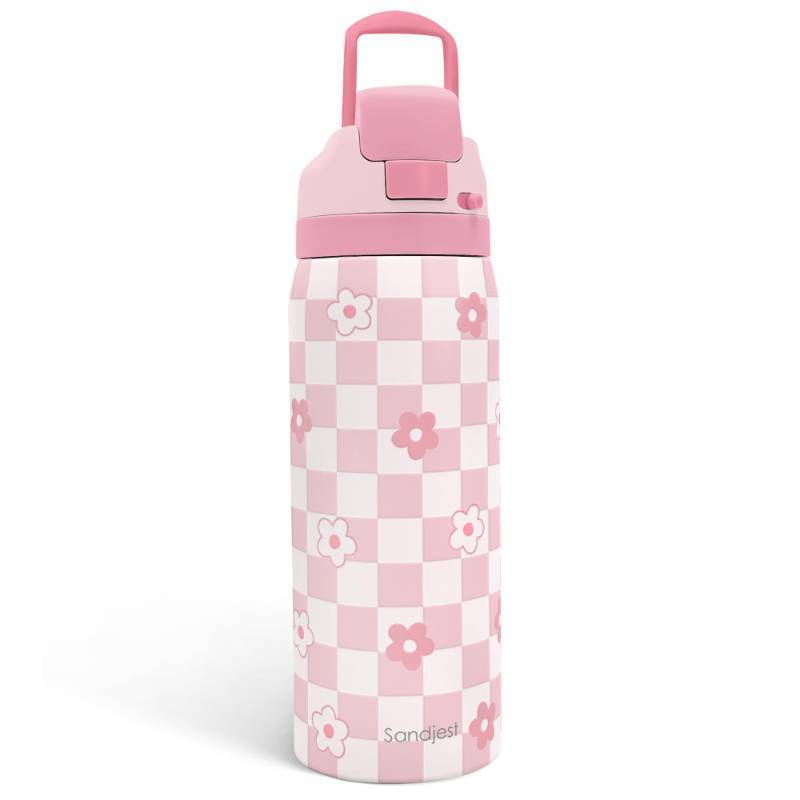 lot 2457 image: Checkered Floral Insulated Stainless Steel Water Bottle with Straw for Sports and Travel, 32oz, Gifts for Women Girls Friends Teens Birthday Christmas